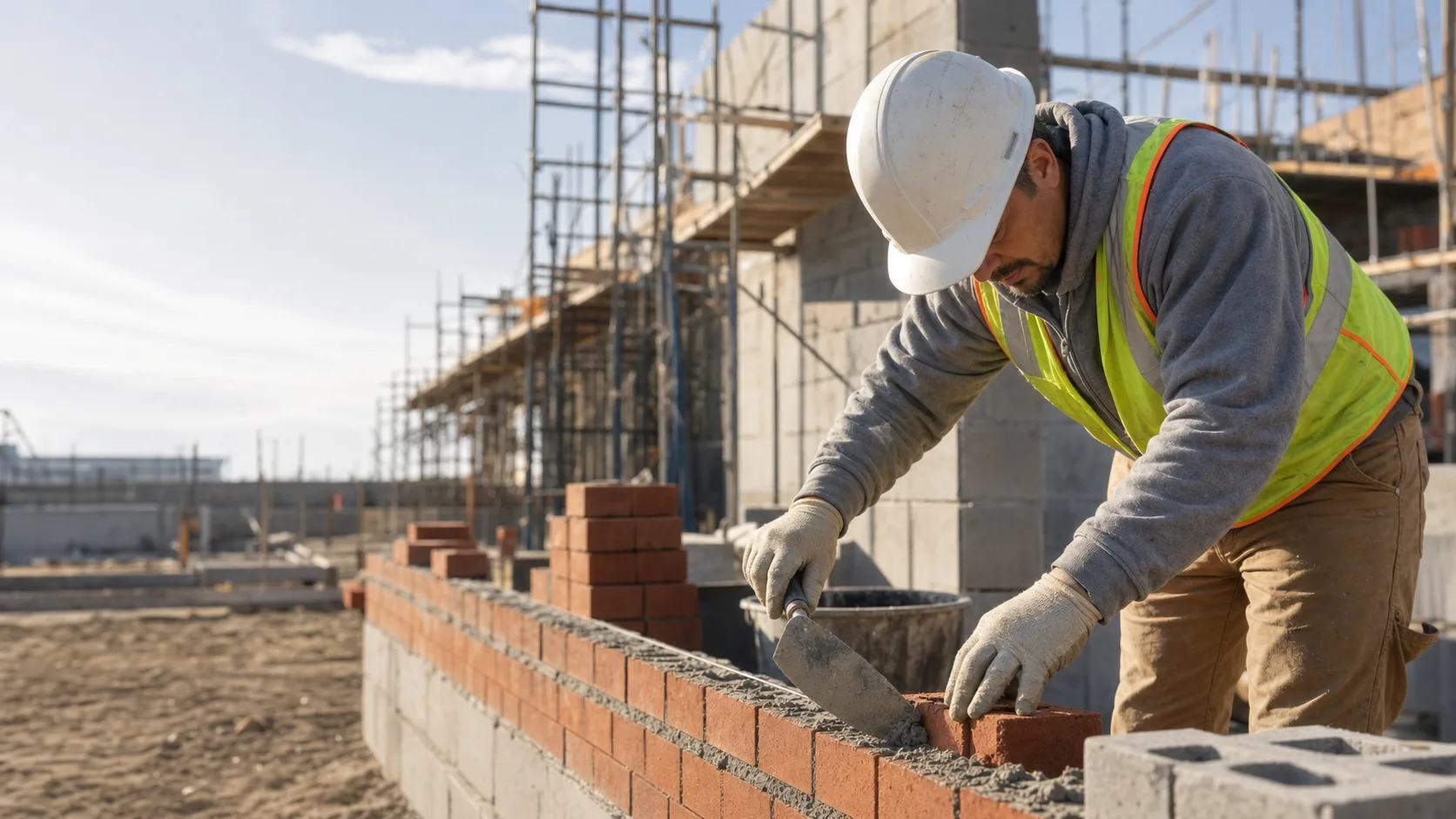 Masonry subcontractor laying brick at a commercial job site